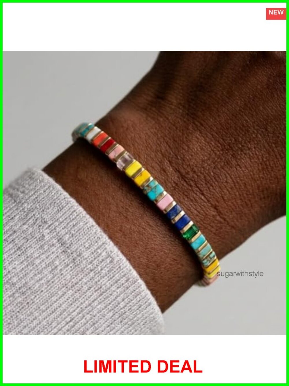 Colorful Tile Bead Stretch Bracelet with Gold Accents, Lightweight Minimal